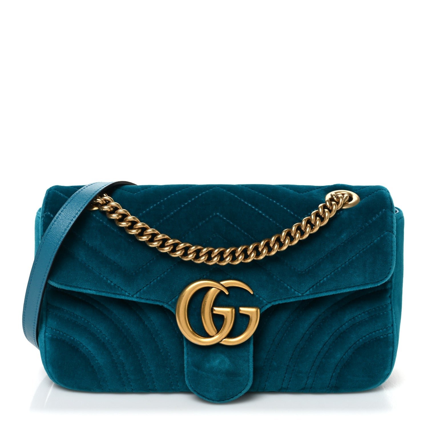 Gucci Velvet Matelasse Small GG Marmont Shoulder Bag Pavone Cyan