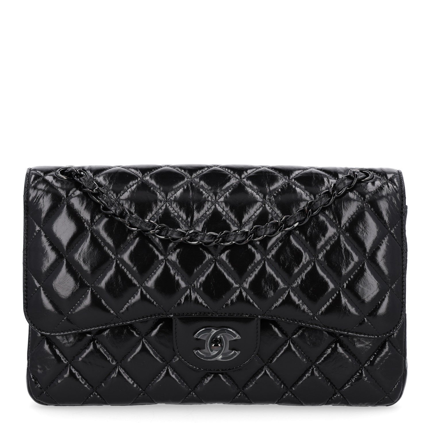 Chanel Shiny Distressed Calfskin Quilted Jumbo Double Flap So Black