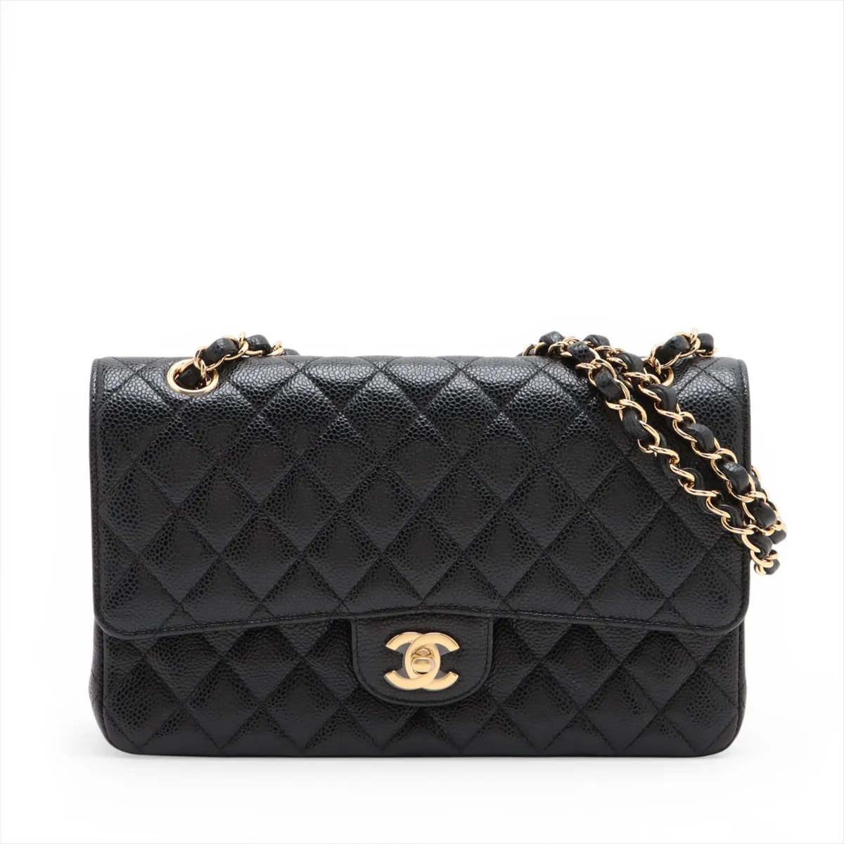 Chanel Matelasse 25 Caviar Skin Double Flap Double Chain Bag Black Gold Metal Fi