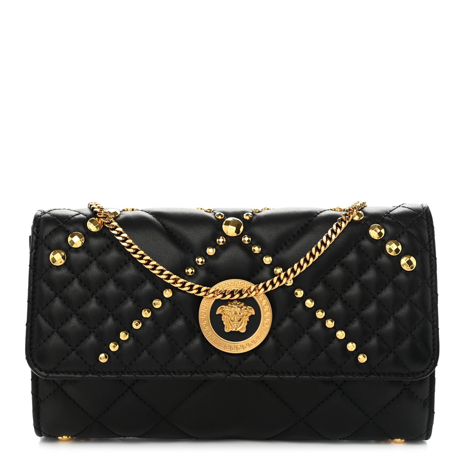 Versace Lambskin Studded Quilted Medusa Wallet on Chain Crossbody Black Gold