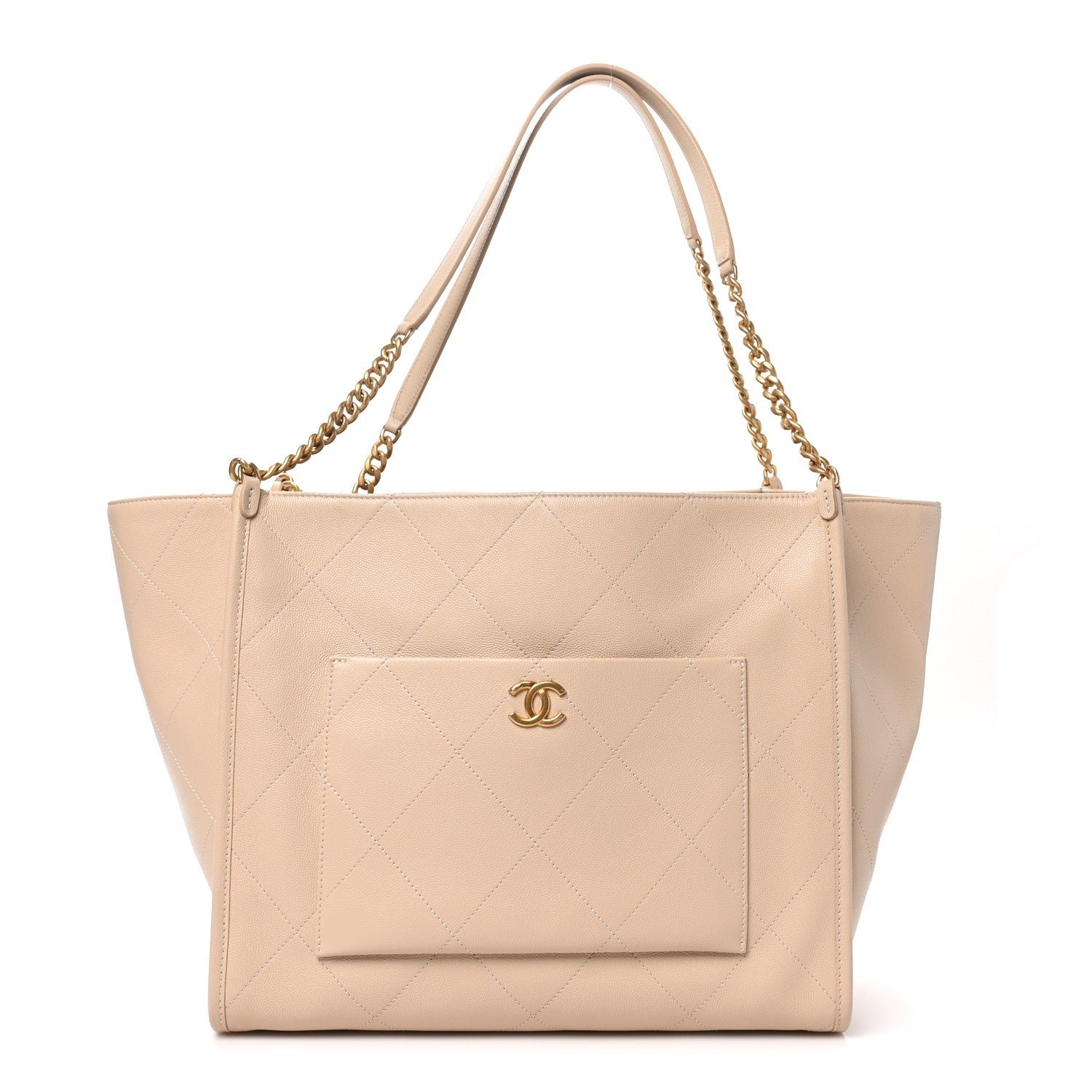 Chanel Caviar Stitched Pocket CC Large Tote Light Beige
