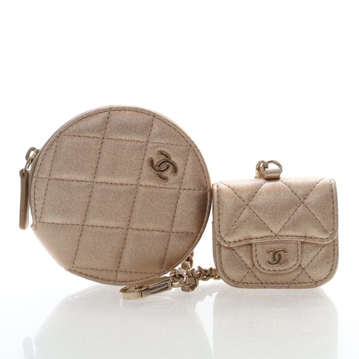 Chanel Mini Lambskin Quilted Round Clip On Coin Purse Airpods Case
