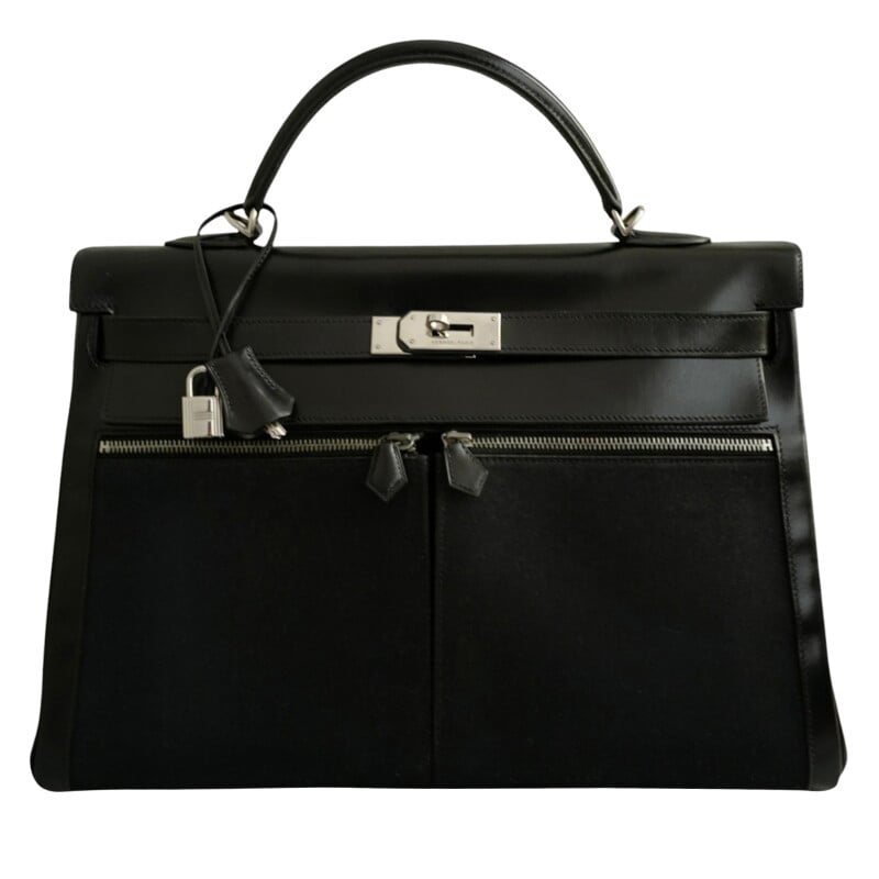 Vintage Black Box Calf and Toile Lakis Kelly 40 Palladium Hardware, 2004