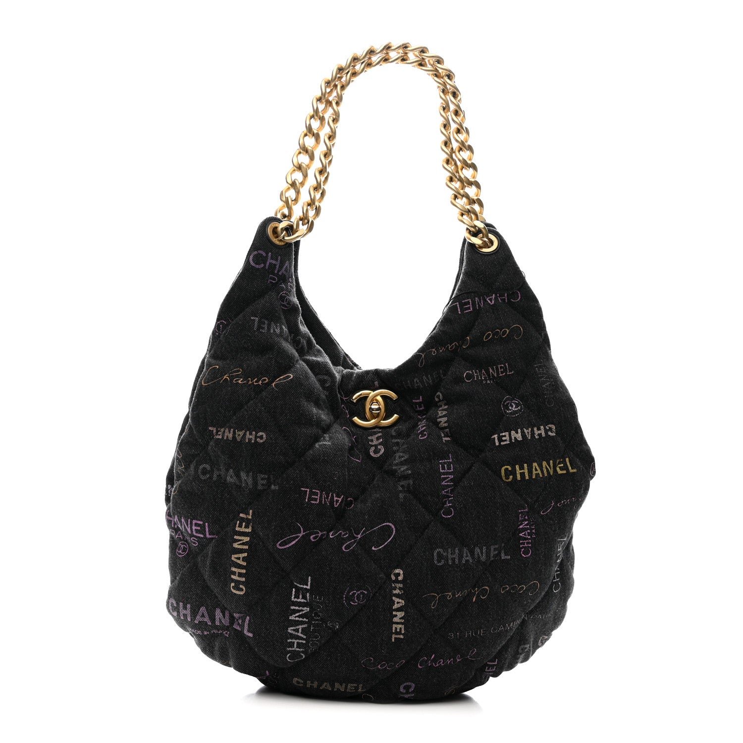 Chanel Denim Quilted Denim Mood Hobo Black Multicolor