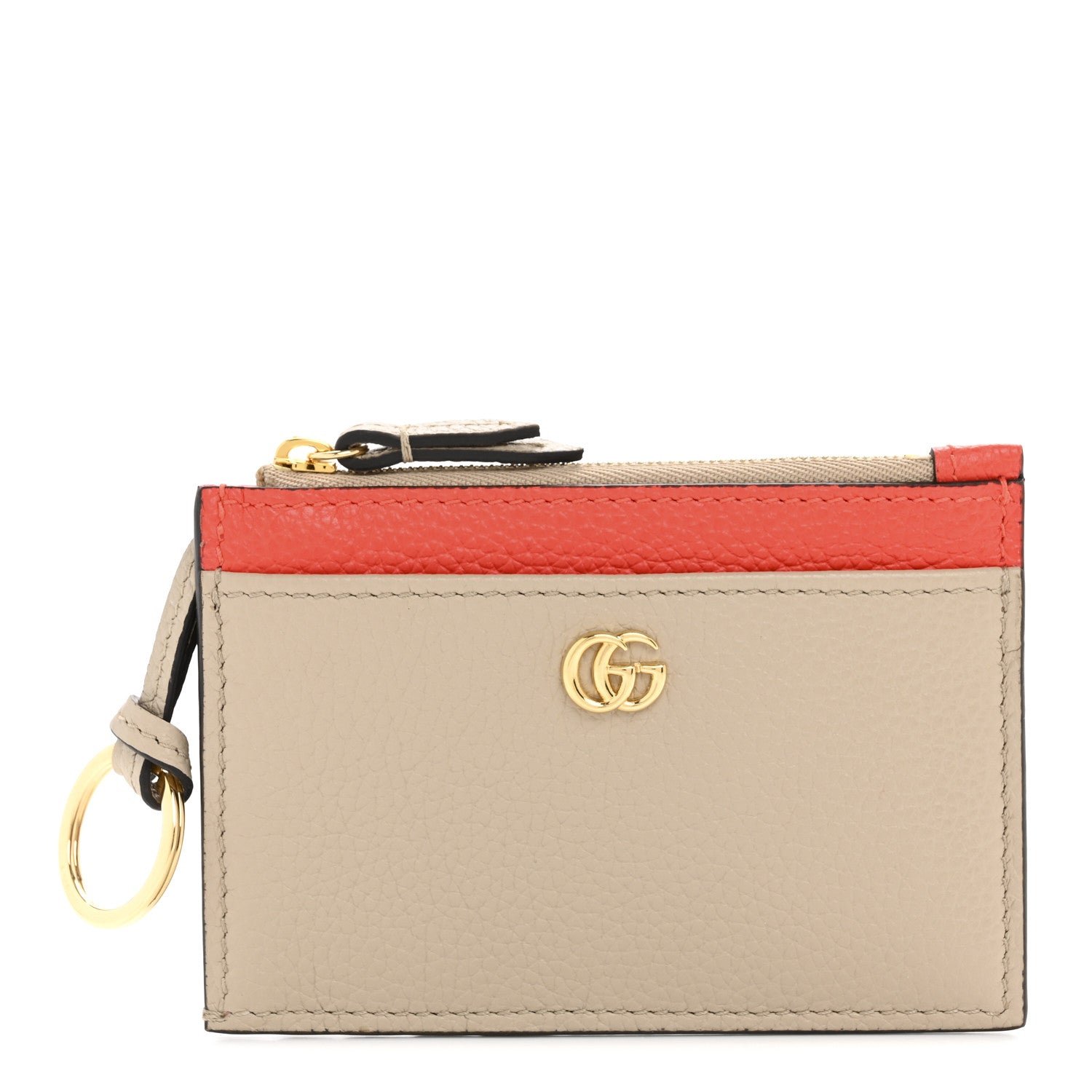 Gucci Dollar Calfskin GG Marmont Zip Key Pouch Beige Sun Orange