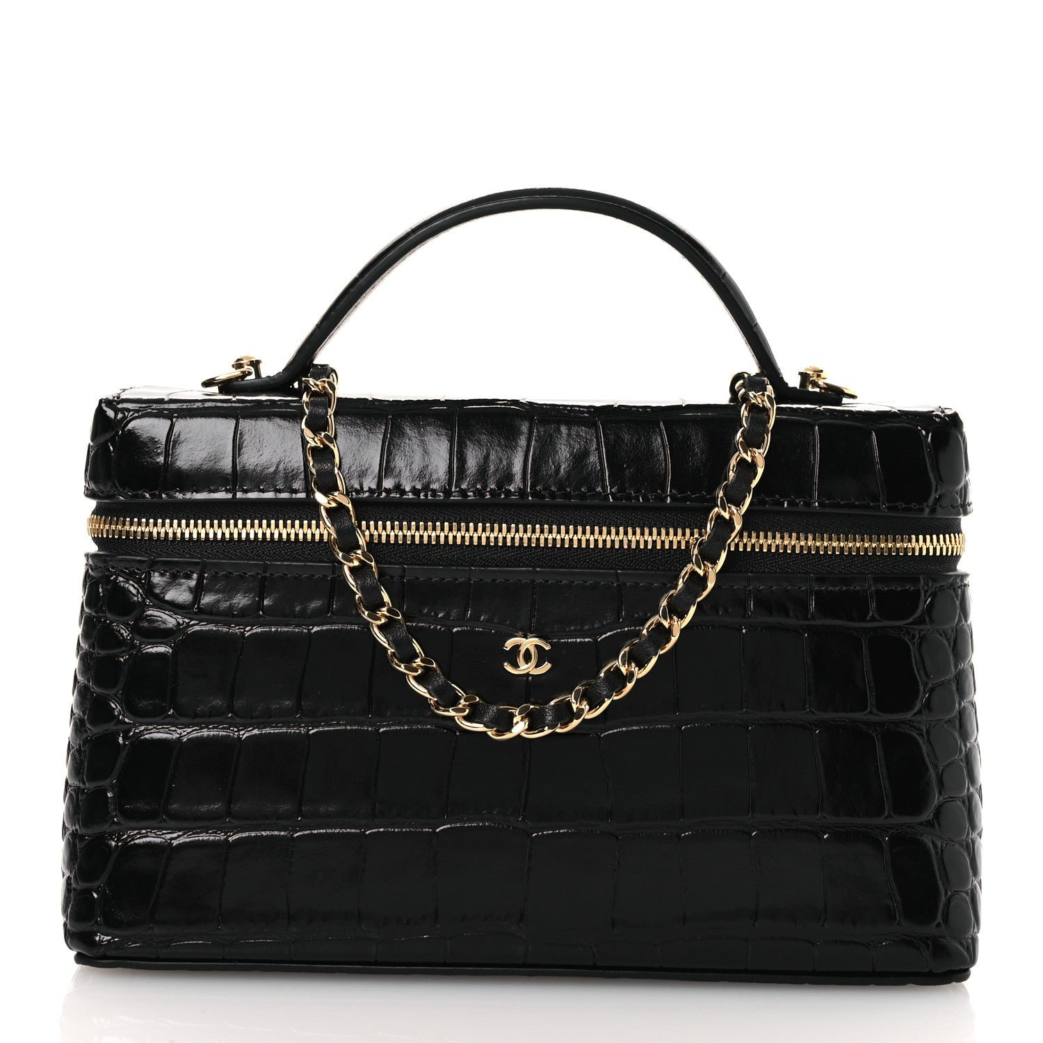 Chanel Calfskin Crocodile Embossed Crococo Top Handle Slim Vanity Case With Chain Black