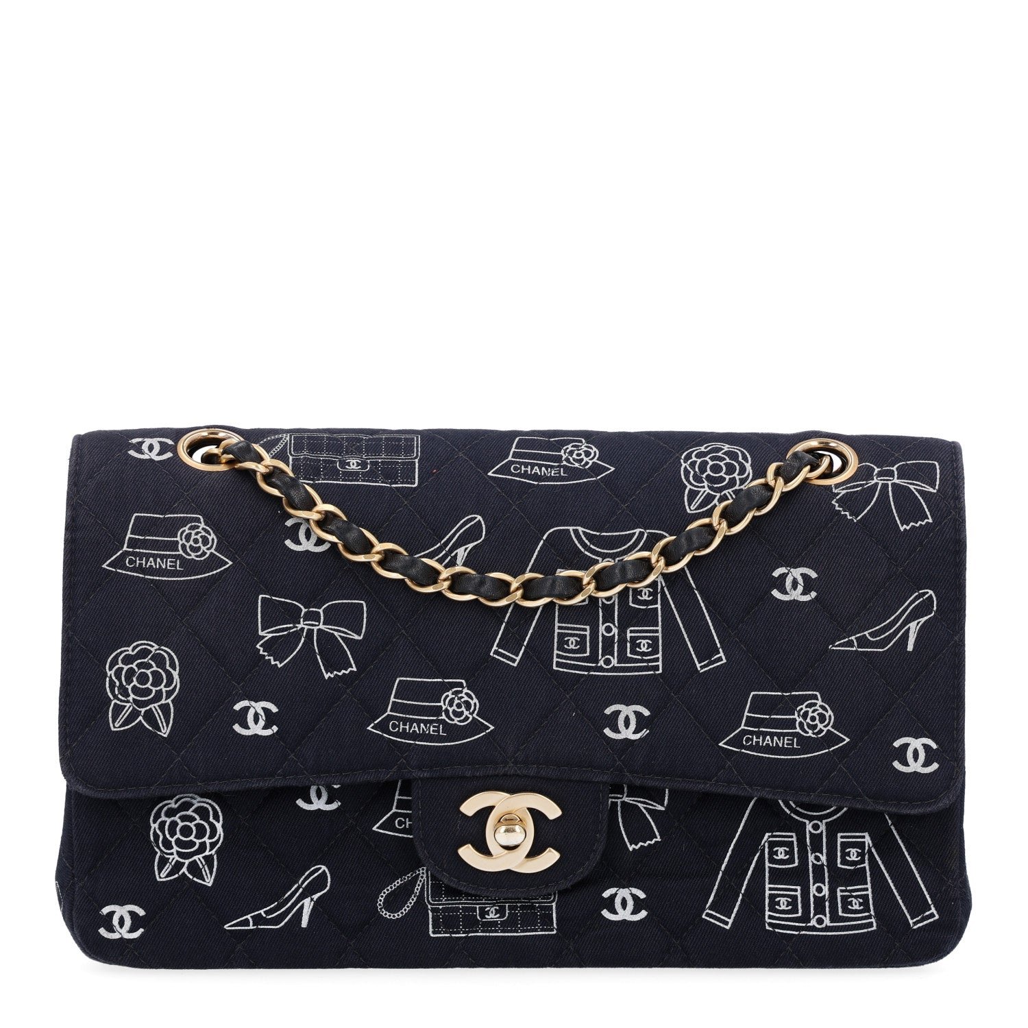 Chanel Canvas Printed Quilted Medium Double Flap Blue White
