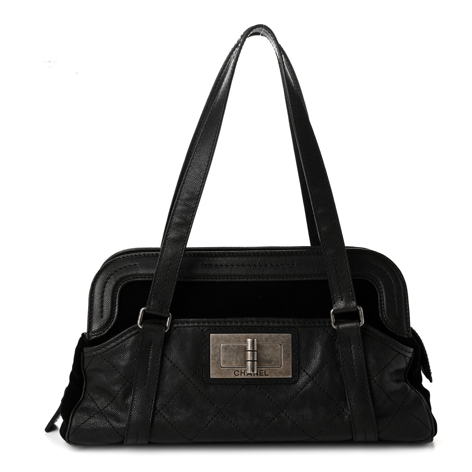 Chanel Calfskin Terrycloth Quilted Large Reissue Bowling Bag Tote Black