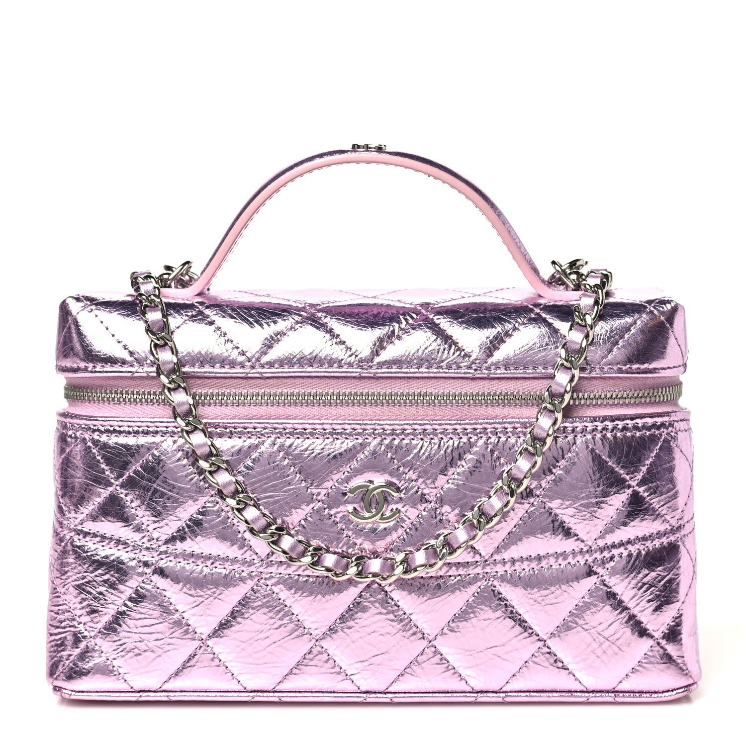 Chanel Metallic Calfskin Quilted Slim Vanity With Chain Pink