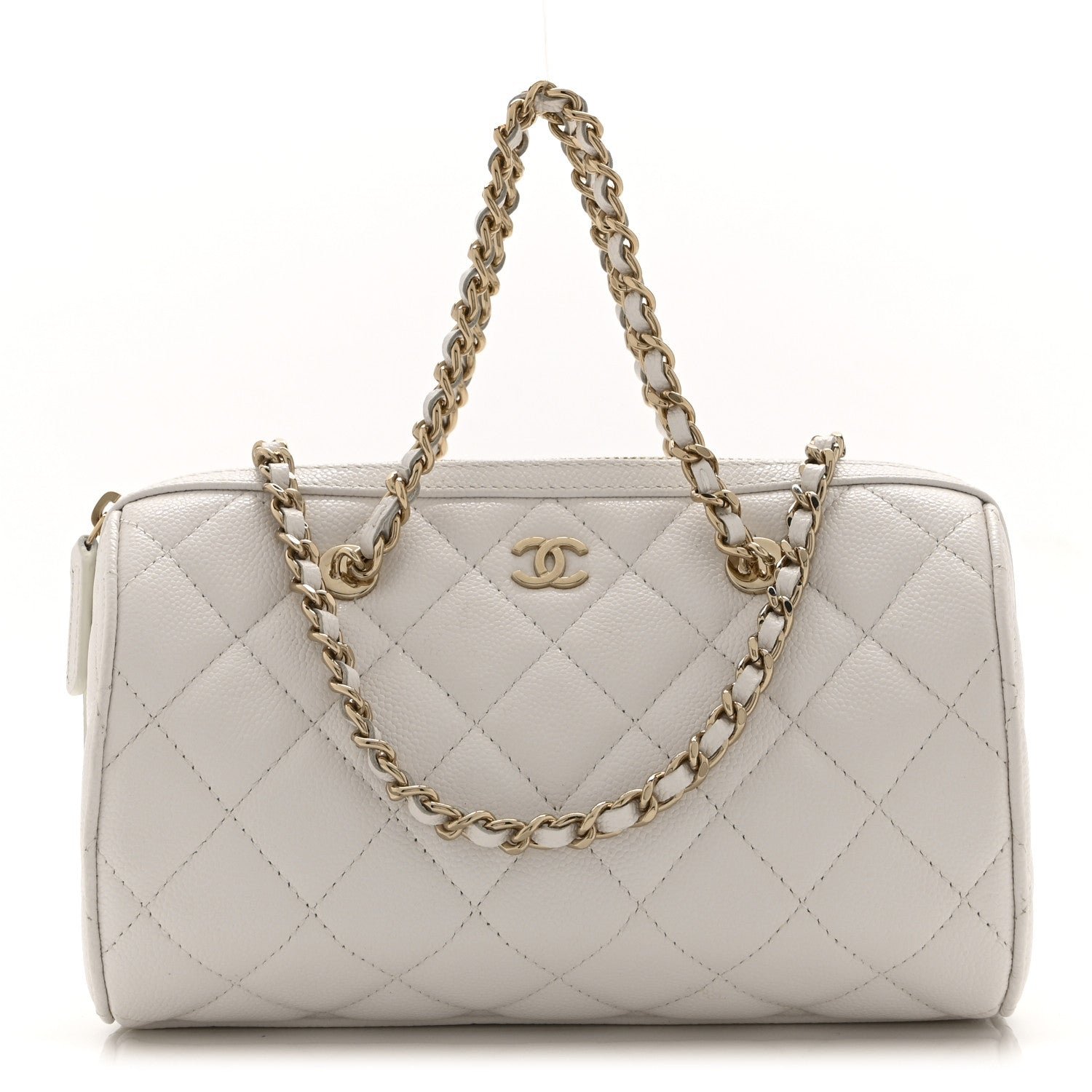 Chanel Caviar Quilted Barrel Clutch With Chain White
