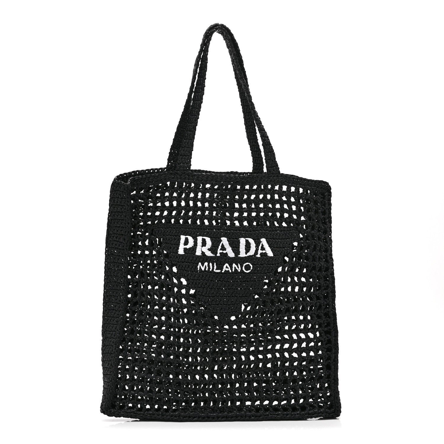 Prada Yarn Raffia Effect Crochet Logo Embroidered Tote Bag Black