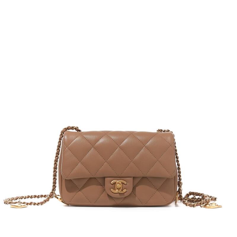 Chanel Caramel Quilted Lambskin Mini Flap Bag with Heart Shape Metal Aged Gold Hardware
