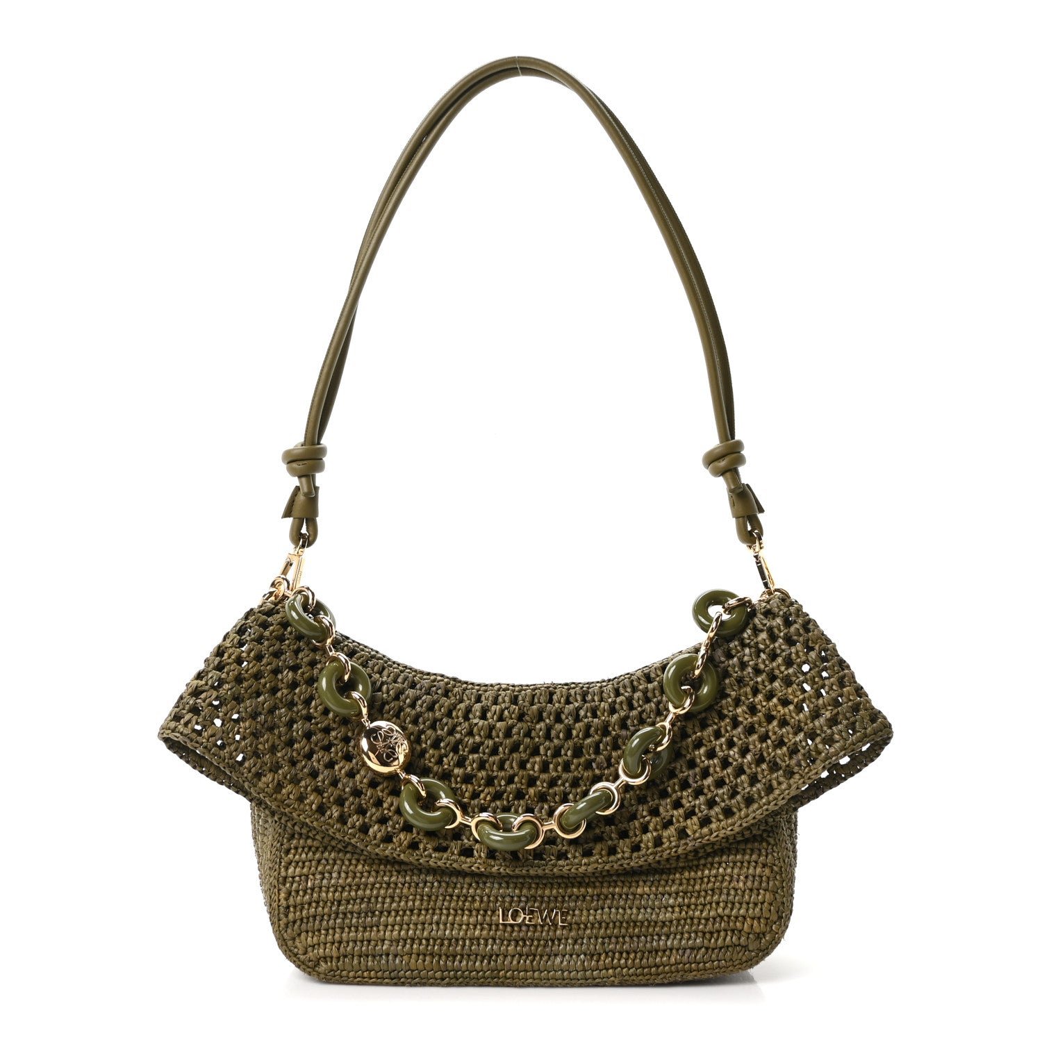 Loewe Raffia Calfskin Donut Chain Medium Ola Shoulder Bag Dark Khaki