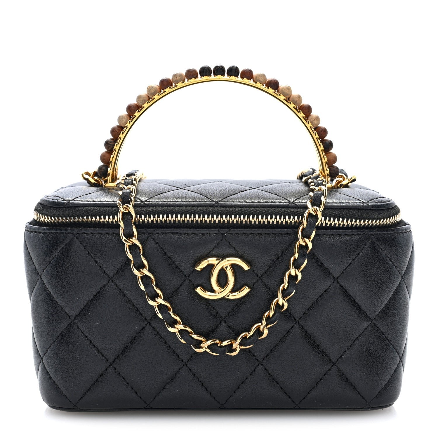 Chanel Shiny Lambskin Quilted Small Metal Wood Top Handle Vanity Case With Chain Black