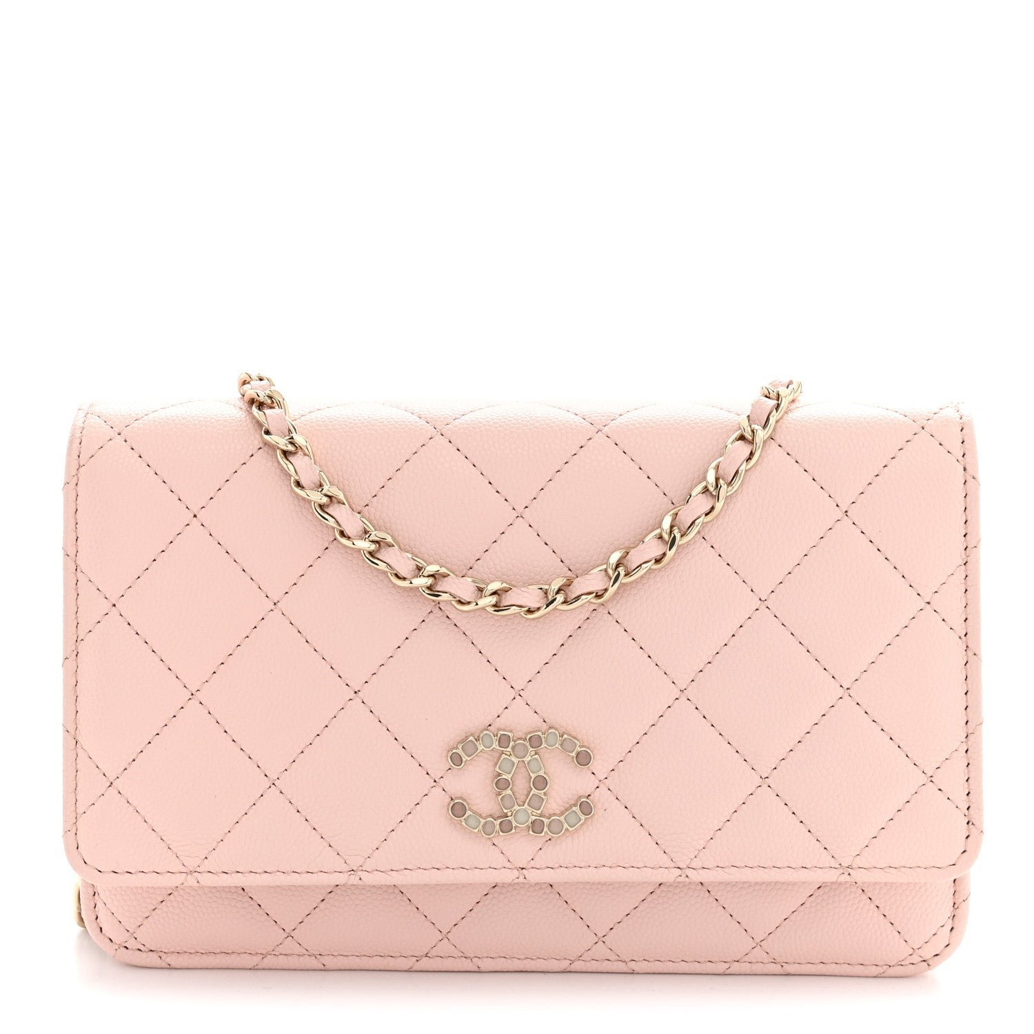 Chanel Shiny Caviar Enamel Quilted CC Wallet On Chain WOC Light Pink