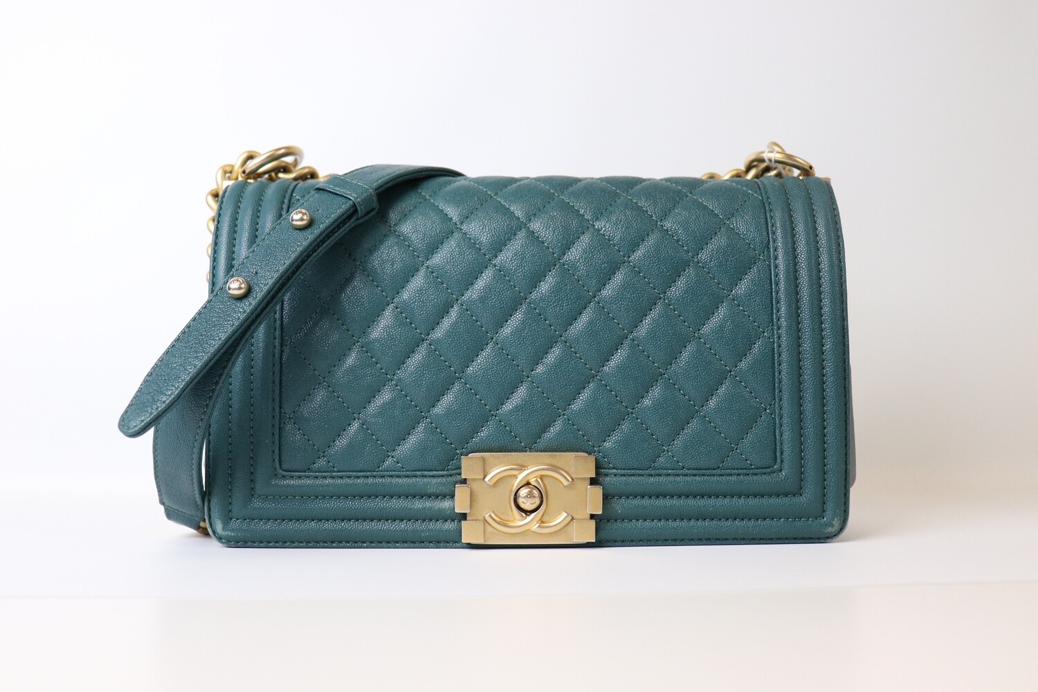 Chanel Boy Old Medium Green Caviar with Gold Hardware, Preowned with Dustbag MA001