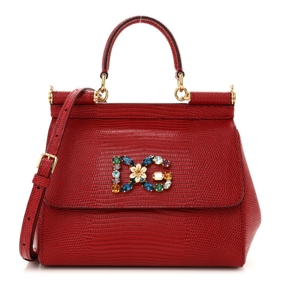 Dolce & Gabbana Stampa Iguana Crystal Small Miss Sicily Satchel Red