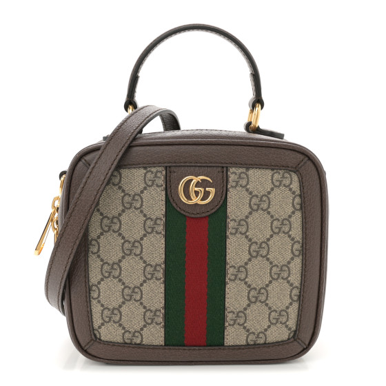 Gucci GG Supreme Monogram Textured Dollar Calfskin Mini Ophidia Top Handle Square Shoulder Bag Beige Ebony New Acero