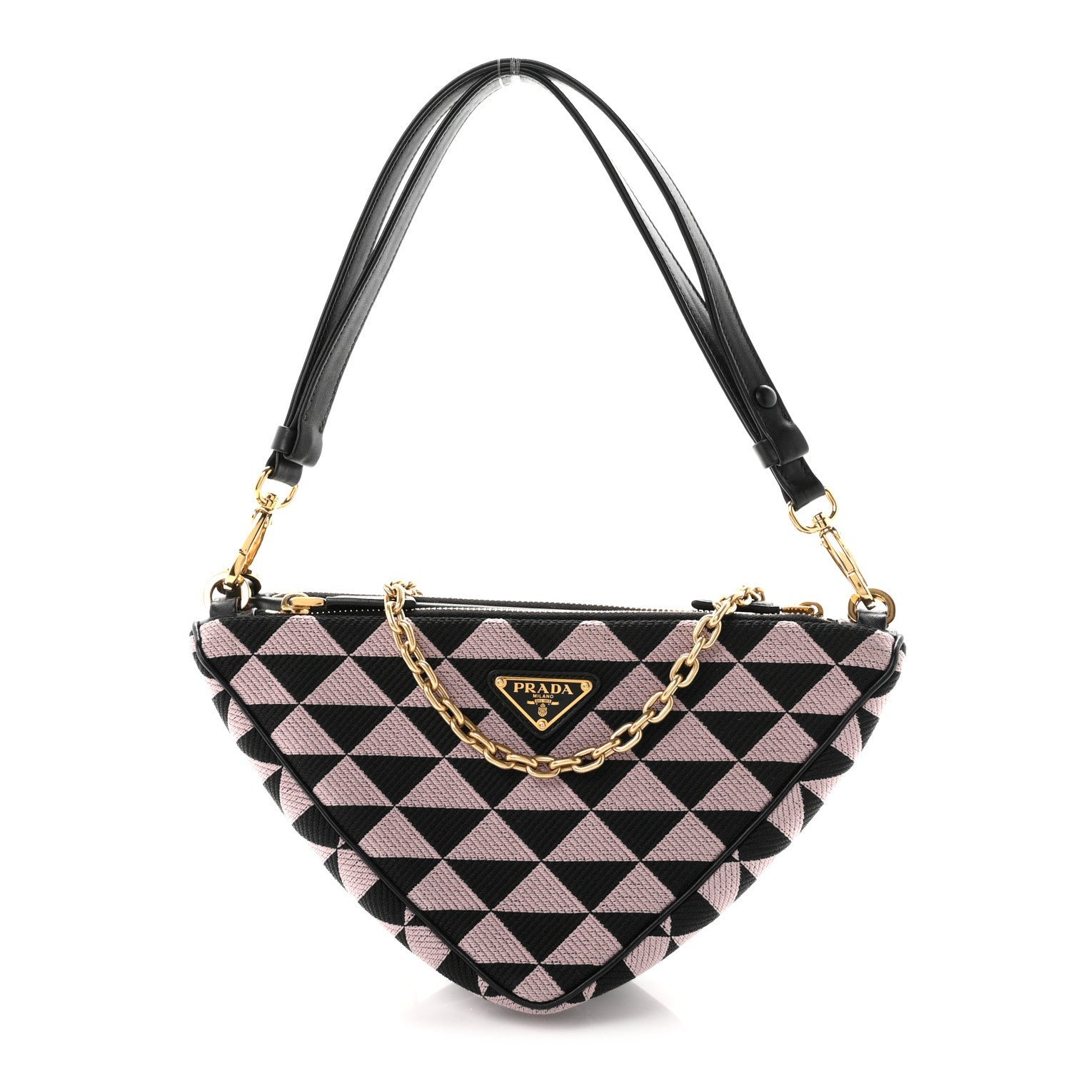 Prada Jacquard Calfskin Triangolo Symbole Embroidered Mini Triangle Double Bag Black Alabastro