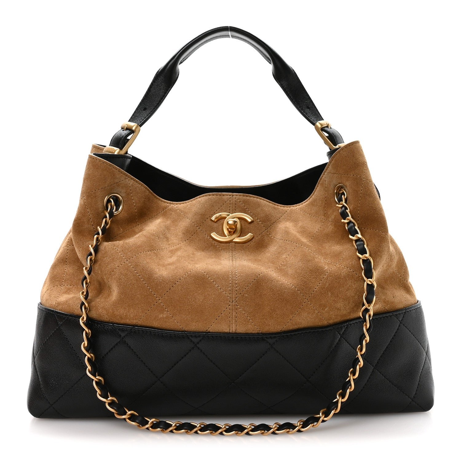Chanel Suede Calfskin Shiny Lambskin Quilted Small Coco Base Shopping Bag Beige Black