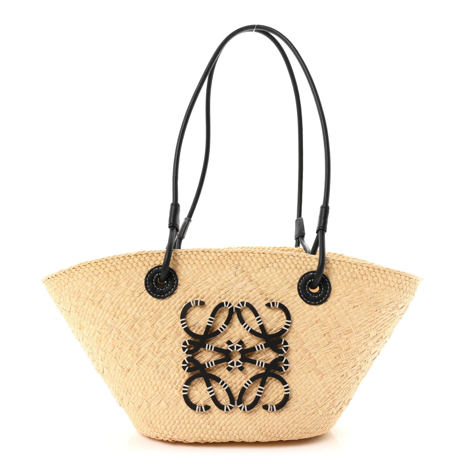 Loewe Calfskin Raffia Paulas Ibiza Small Anagram Basket Tote Bag Natural Black