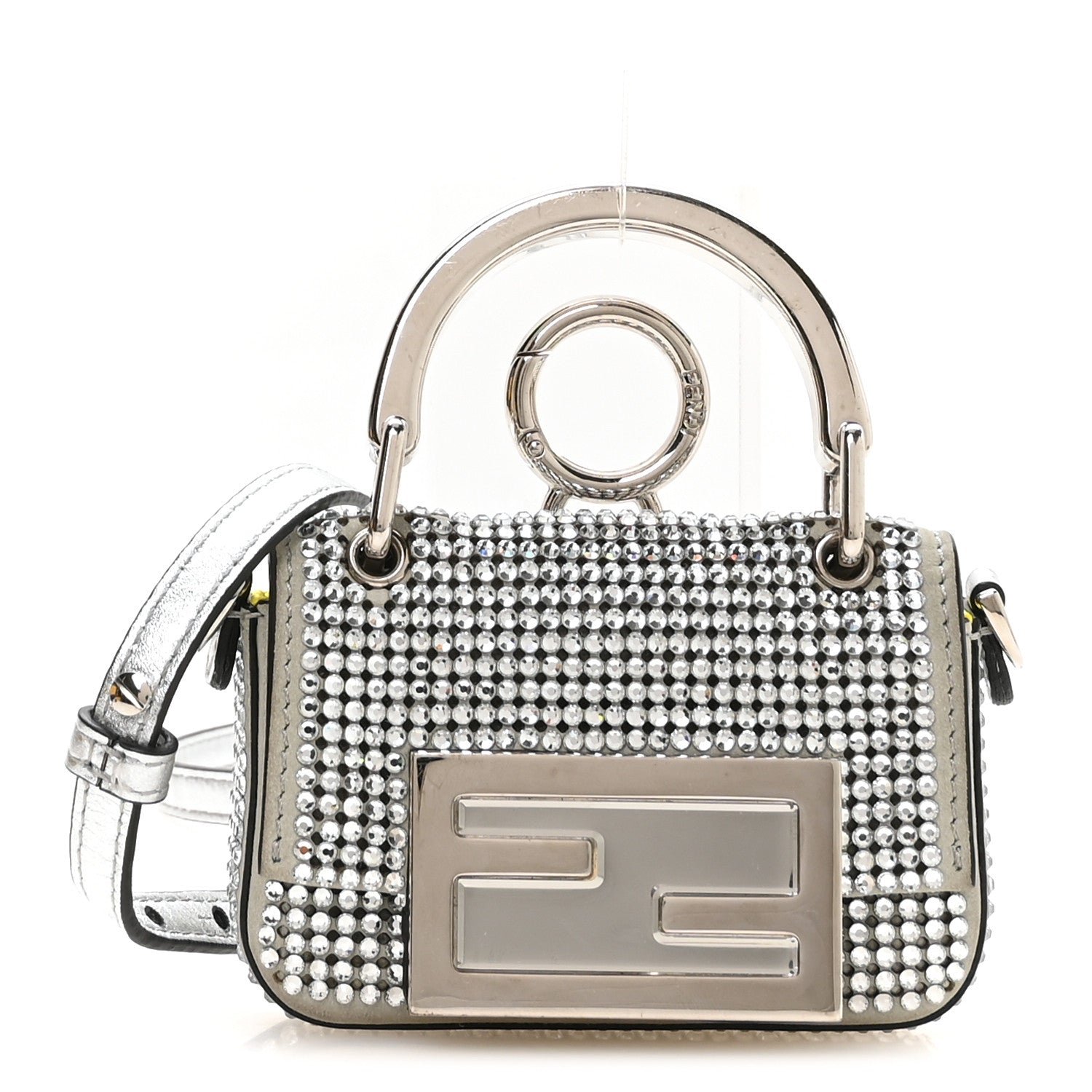 Fendi Nubuck Crystal Catalan Mirror Nano Maxi Buckle Baguette Charm Pietra Argento