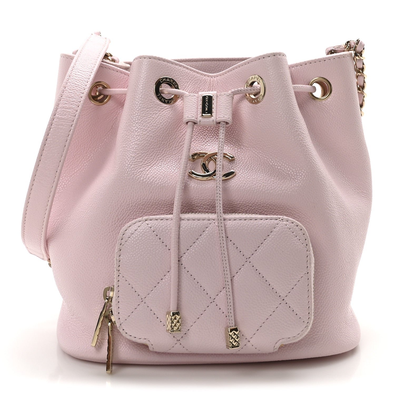 Chanel Caviar Quilted CC Pocket Bucket Bag Light Pink