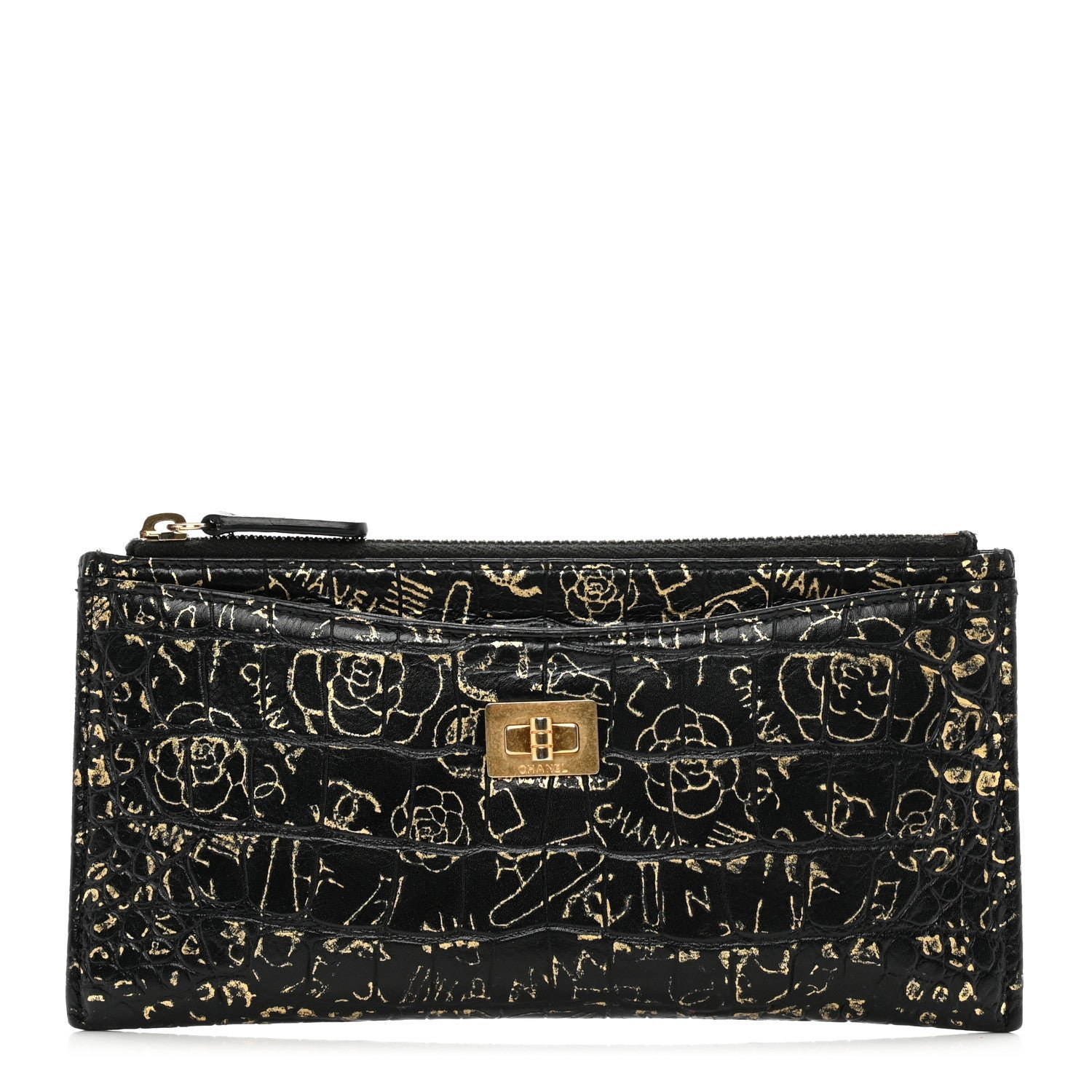 Chanel Calfskin Crocodile Embossed Graffiti 2.55 Cocodile Reissue Zip Pouch Black Gold