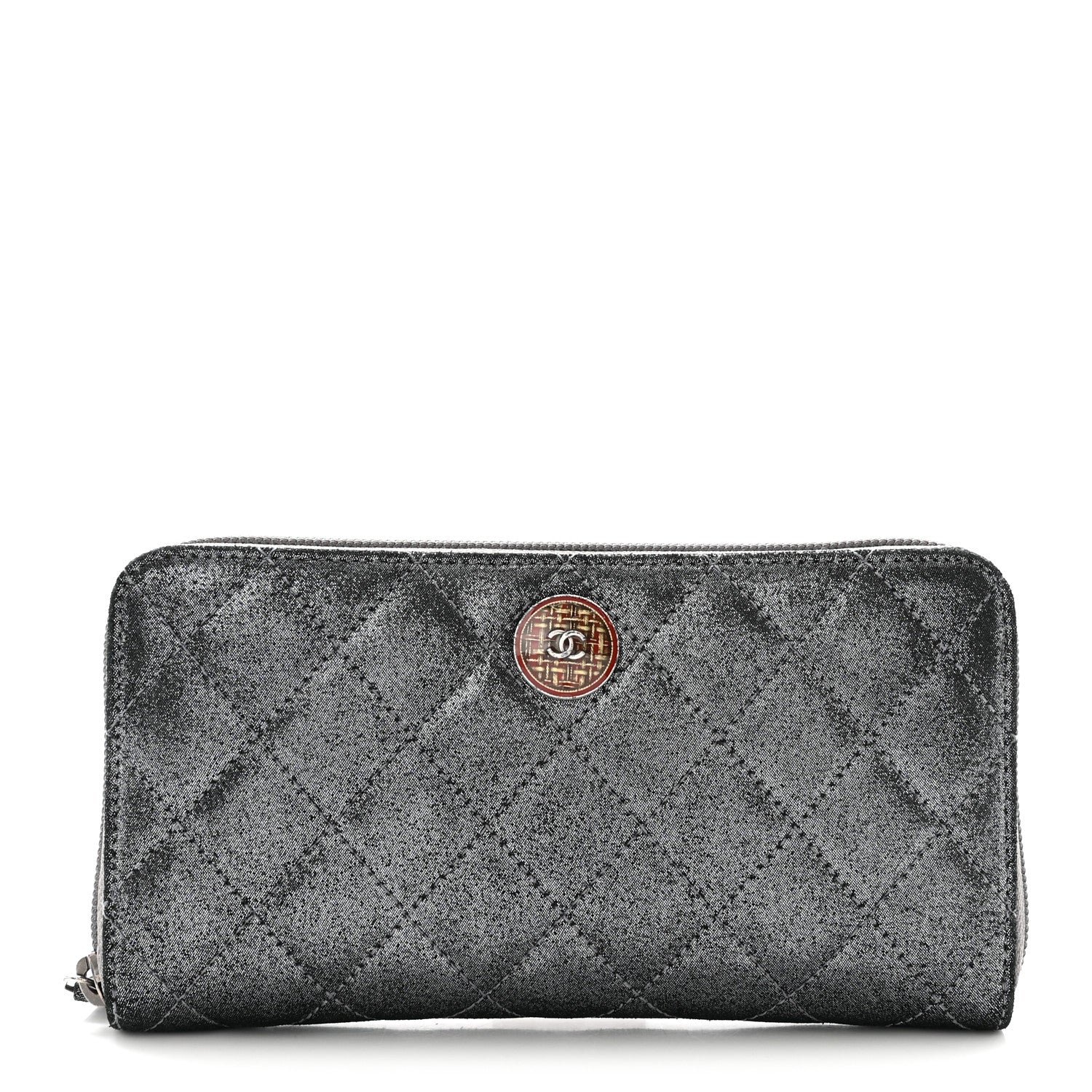 Chanel Iridescent Calfskin Quilted Tartan Button Zip Around Wallet Grey