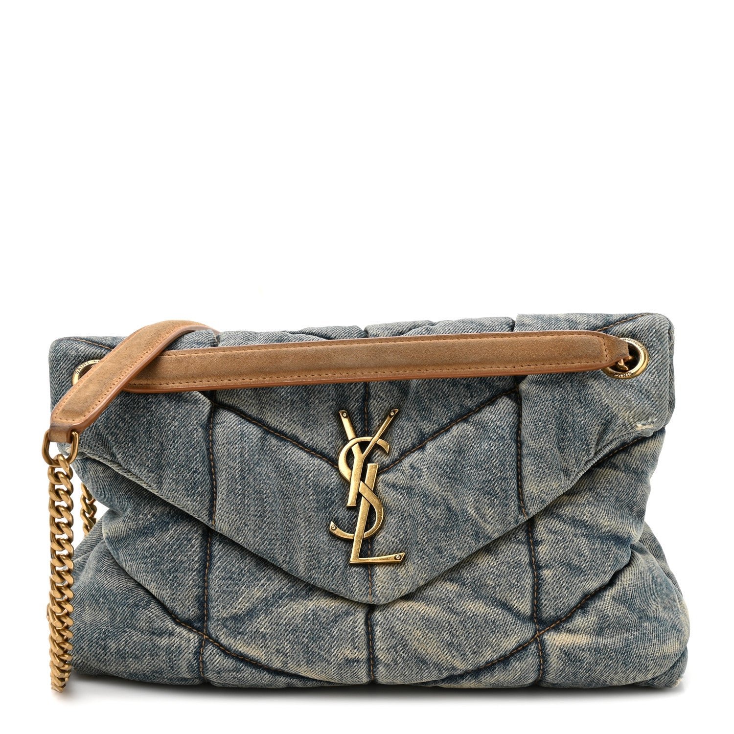 Saint Laurent Denim Quilted Small Loulou Puffer Monogram Chain Satchel Blue Cinnamon