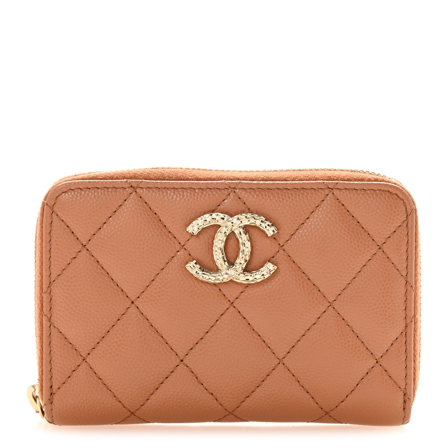 Chanel Caviar Quilted Textured CC Zip Around Coin Purse Beige