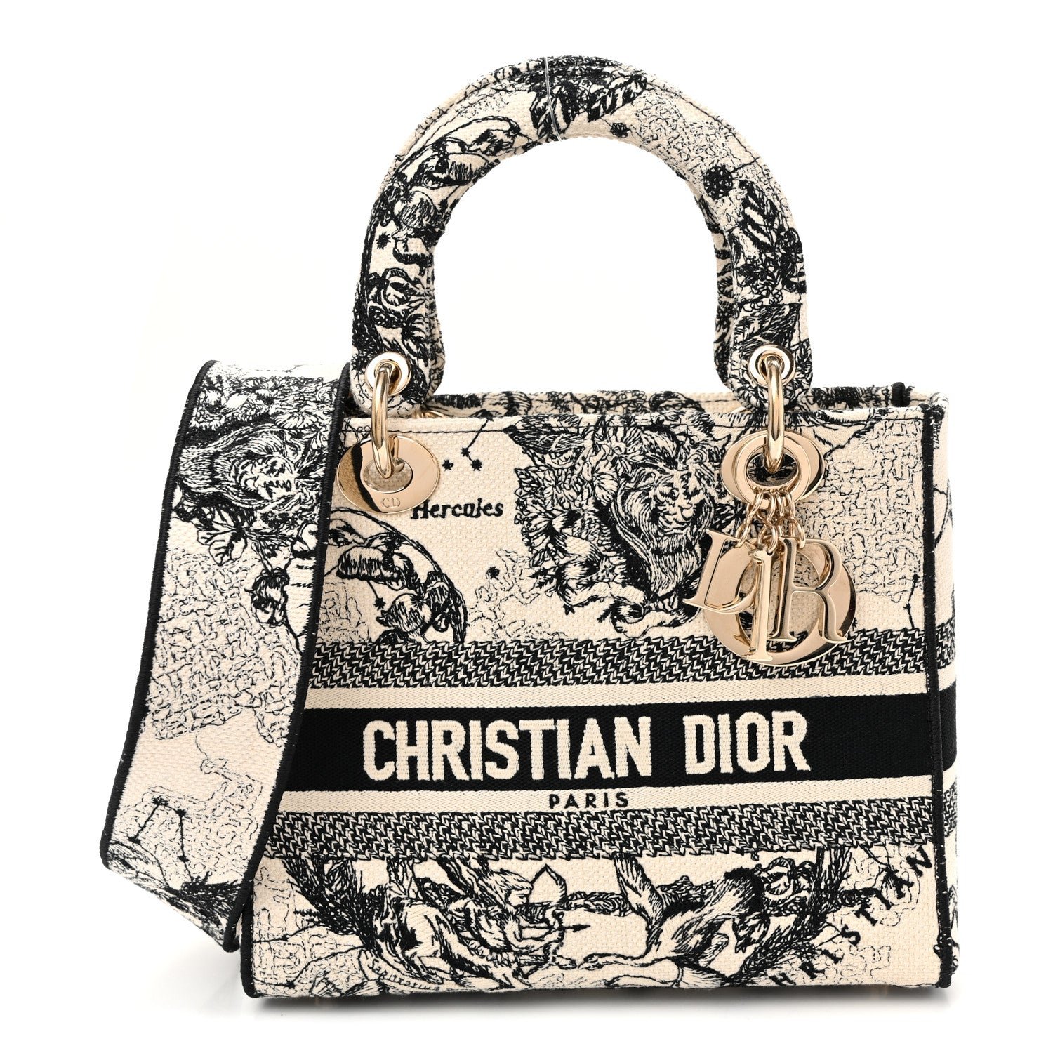 Christian Dior Canvas Embroidered Zodiac Toile De Jouy Medium Lady D-Lite Latte