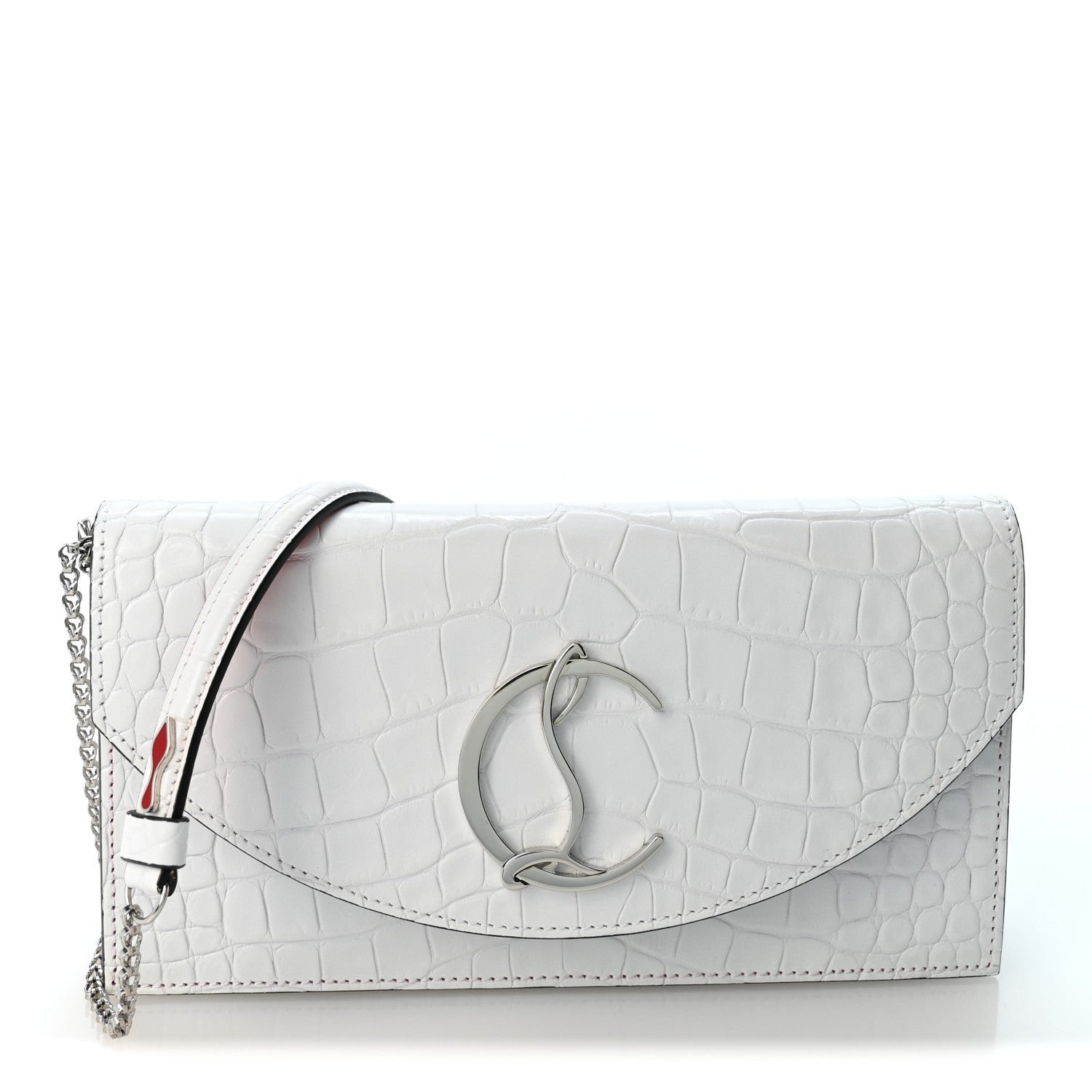 Christian Louboutin Calfskin Crocodile Embossed Loubi54 Crossbody Clutch White