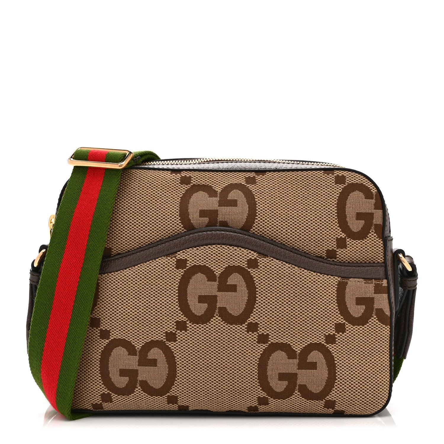 Gucci Monogram Jumbo GG Textured Dollar Calfskin Web Messenger Shoulder Bag Camel Ebony New Acero