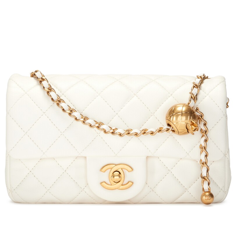 White Quilted Lambskin Pearl Crush Mini Rectangular Flap Bag Aged Gold Hardware, 2025