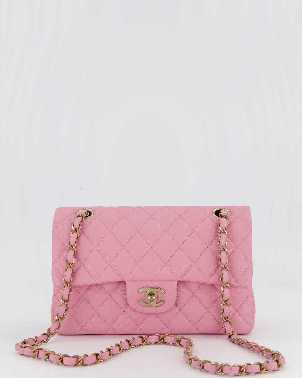Chanel 23/P Bubblegum Pink Classic Small Double Flap Bag in Caviar Leather with Gold Hardware
