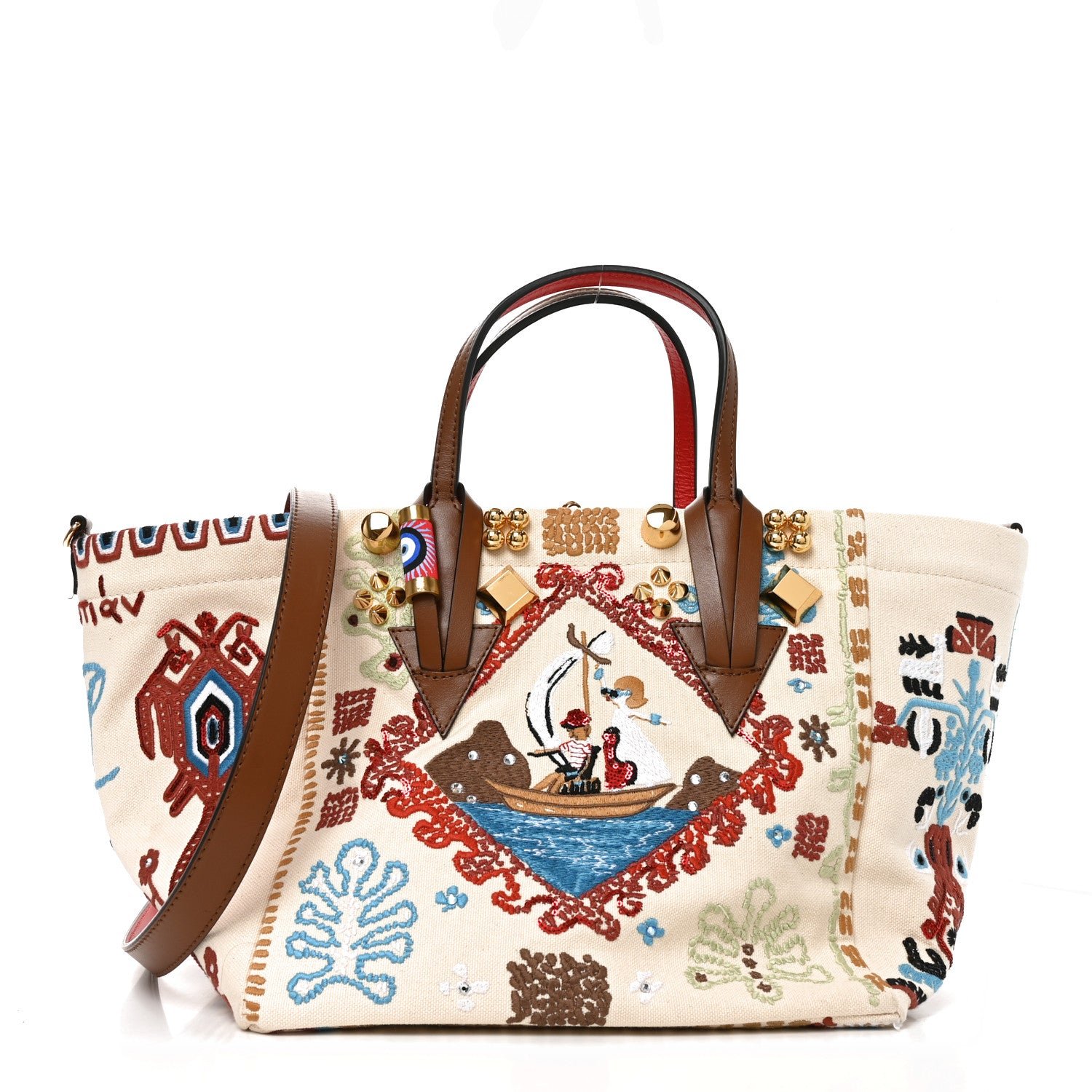 Christian Louboutin Frise Broderie Calfskin Greekaba Tote Biscotto Multicolor