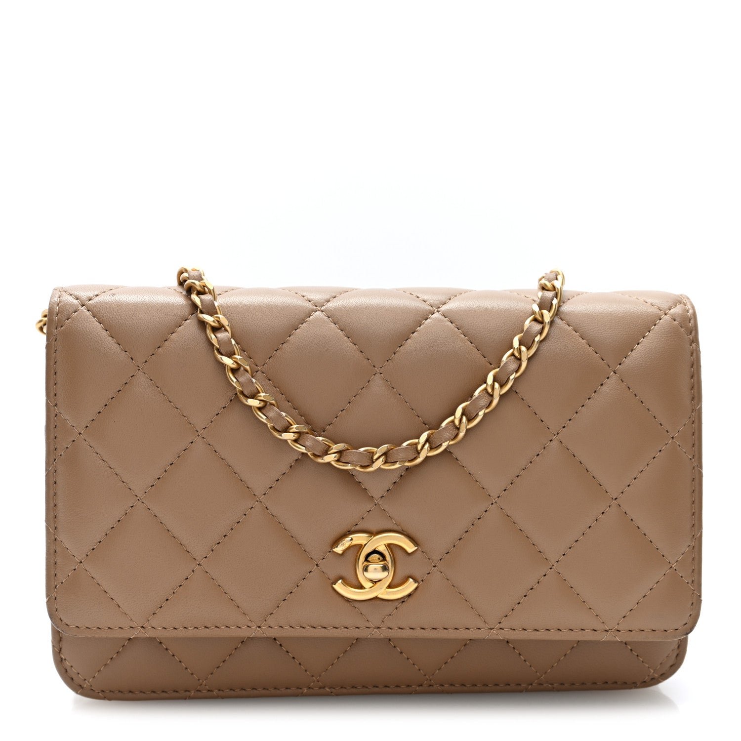 Chanel Lambskin Quilted CC Pearl Crush Wallet on Chain WOC Beige