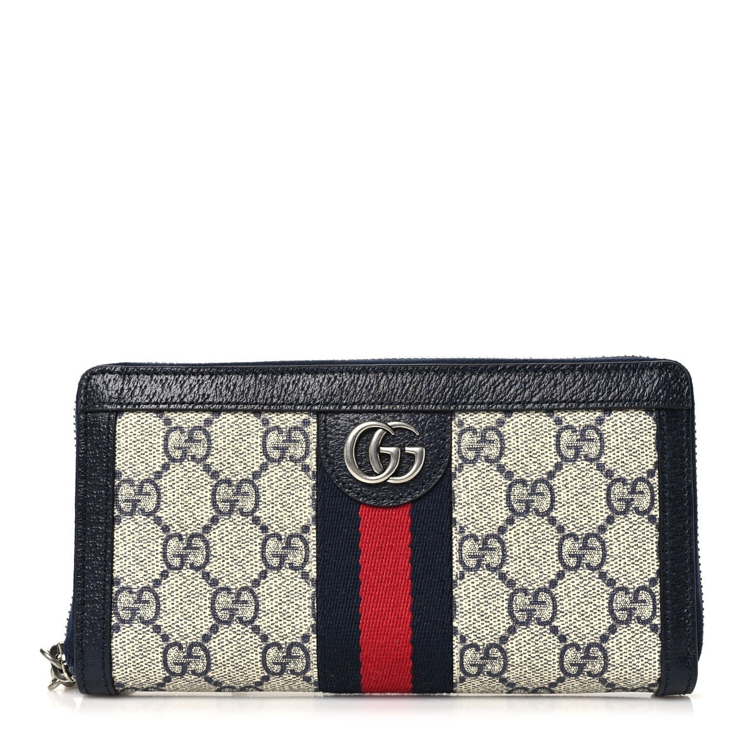 Gucci GG Supreme Monogram Textured Dollar Calfskin Web Ophidia Zip Around Wallet Beige Blue