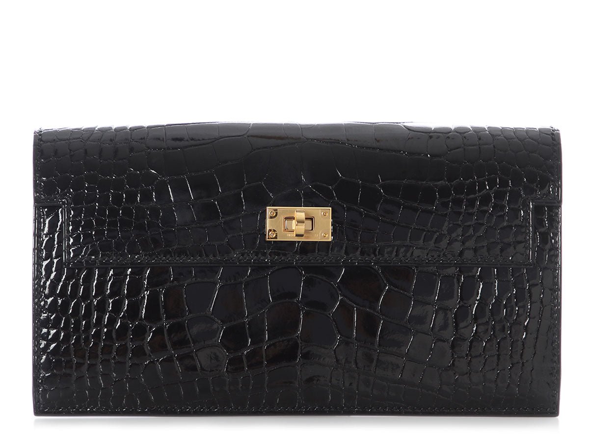 Hermès Black Shiny Alligator Kelly Pocket Long Wallet