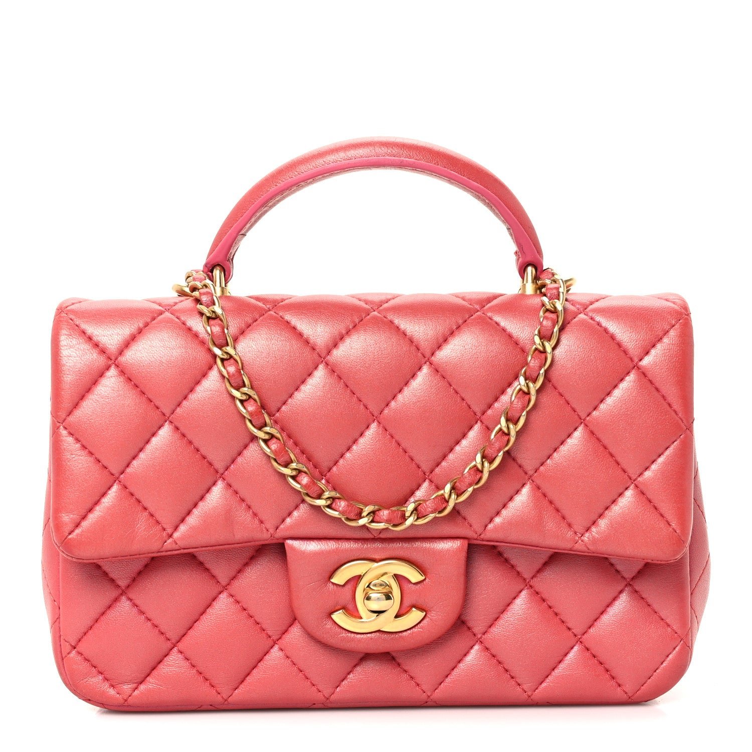 Chanel Iridescent Lambskin Quilted Mini Top Handle Rectangular Flap Red