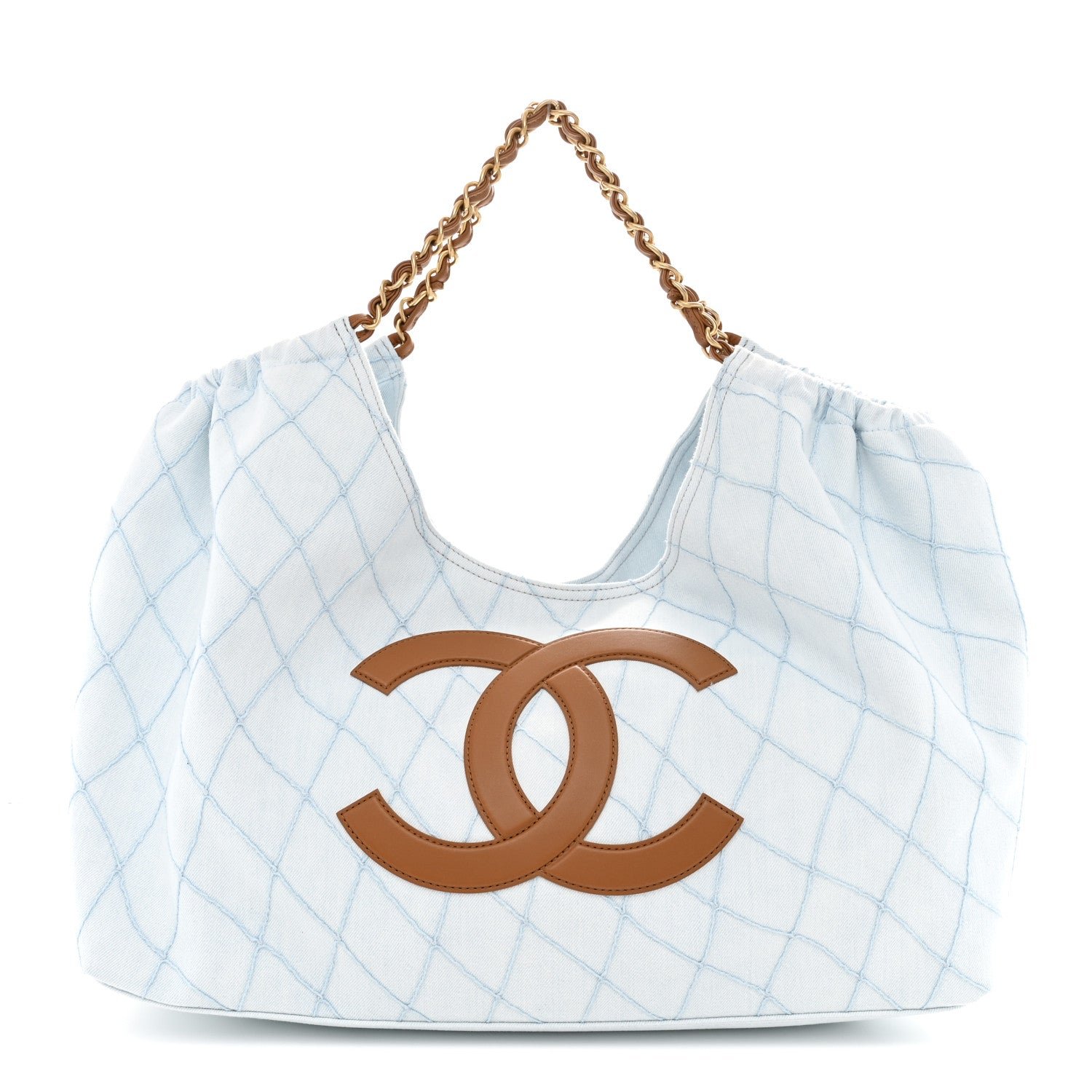 Chanel Denim Calfskin Quilted Coco Beach Small Shopping Tote Light Blue Brown