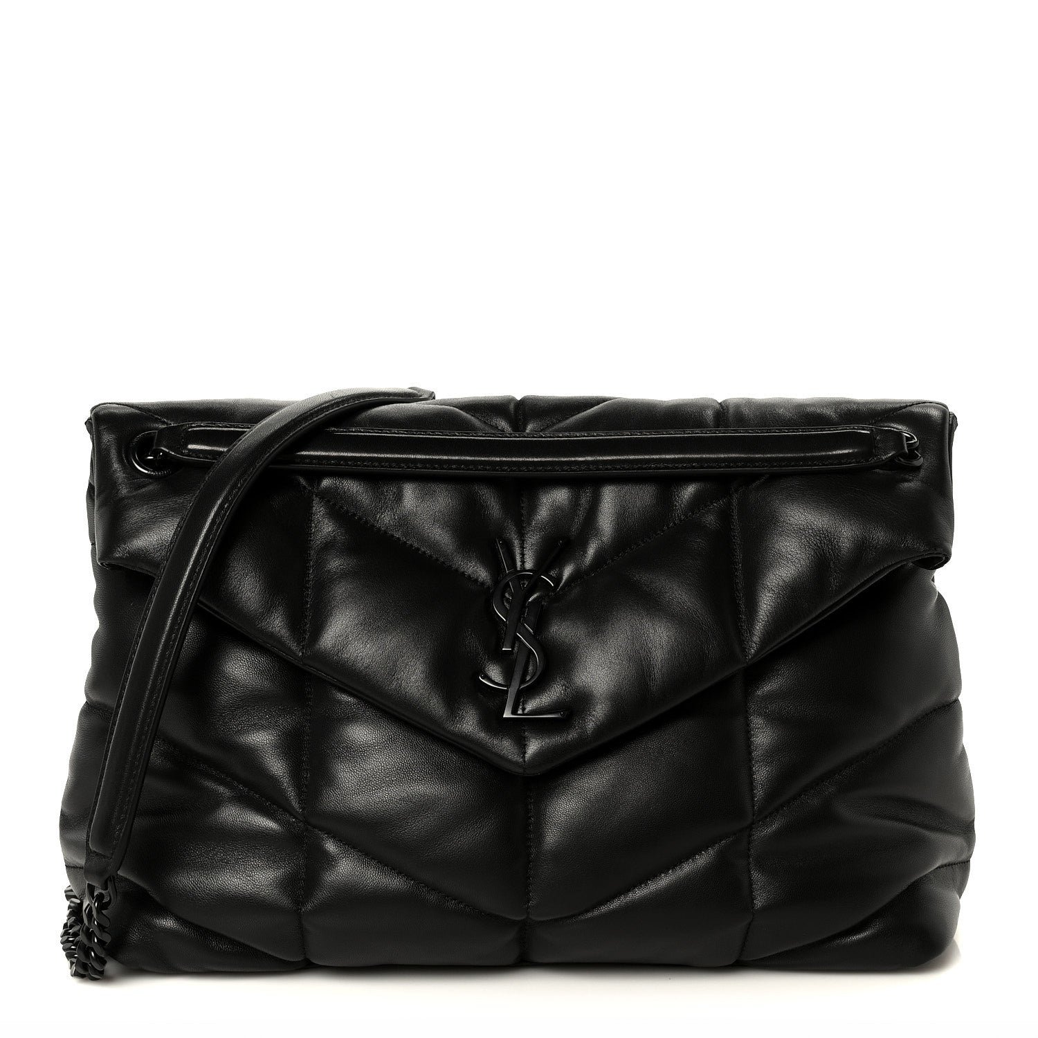 Saint Laurent Lambskin Quilted Monogram Monochrome Medium Loulou Puffer Chain Satchel Black