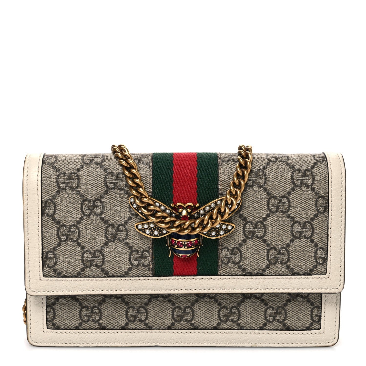Gucci GG Supreme Monogram Web Queen Margaret Chain Wallet White