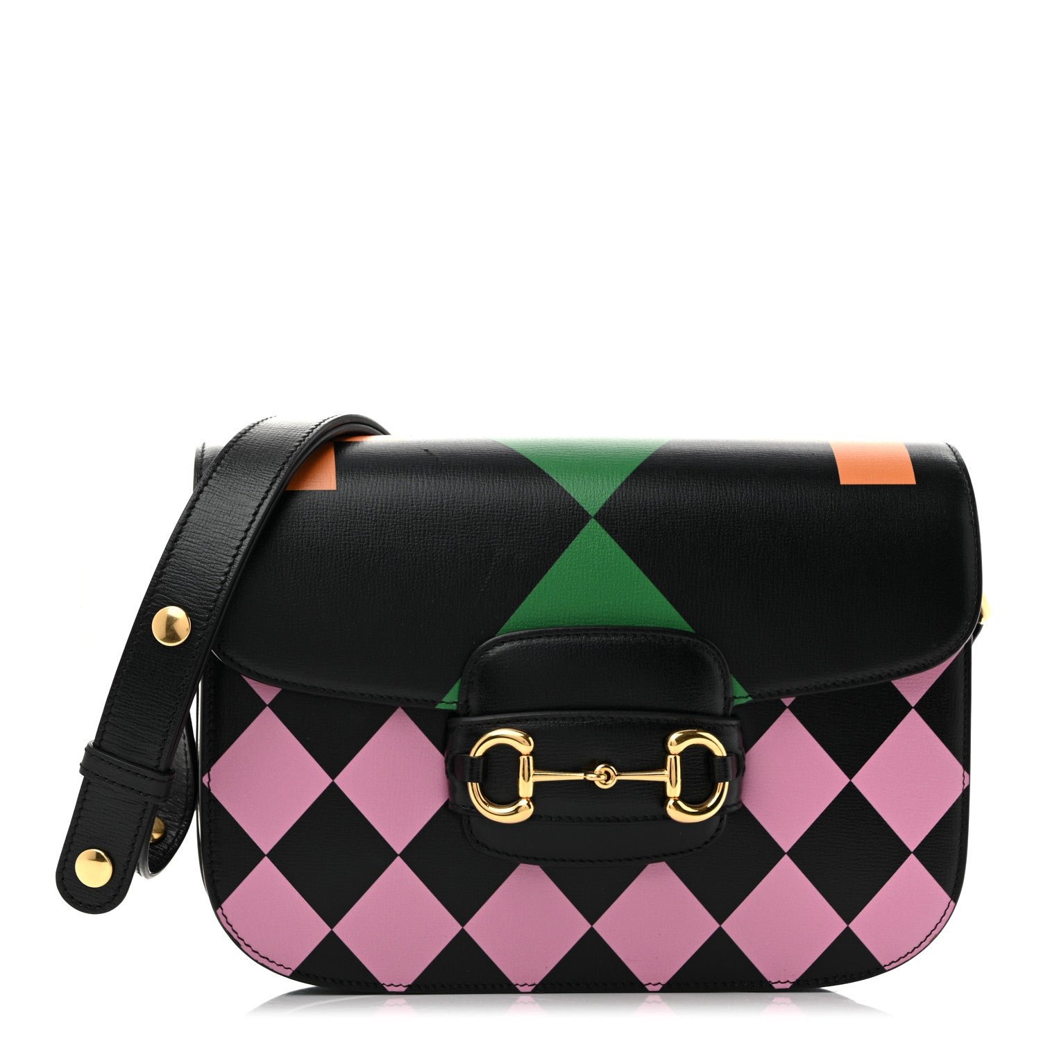 Gucci Textured Calfskin Geometric Print Horsebit 1955 Shoulder Bag Black Multicolor