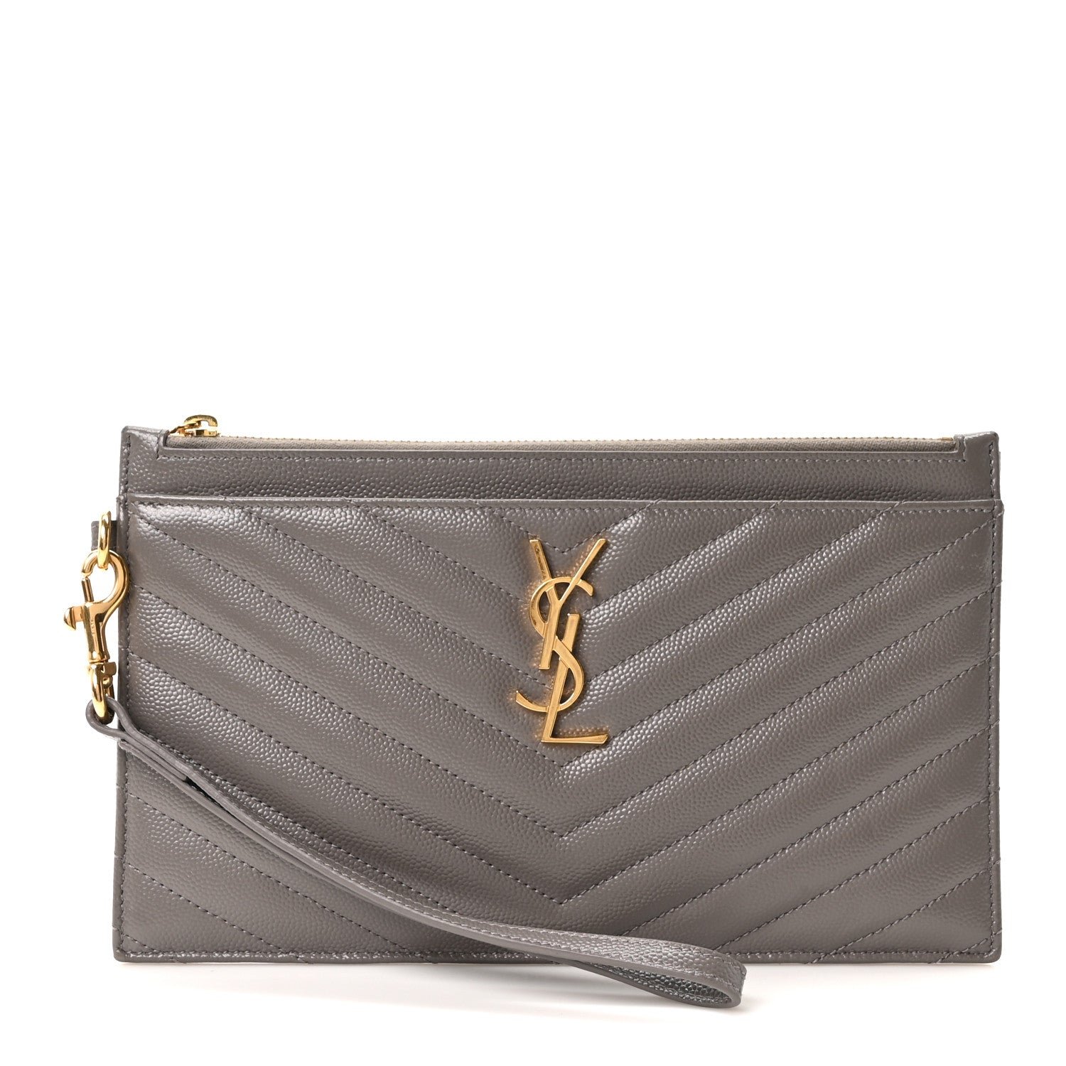 Saint Laurent Grain De Poudre Chevron Monogram Large Bill Pouch Fog