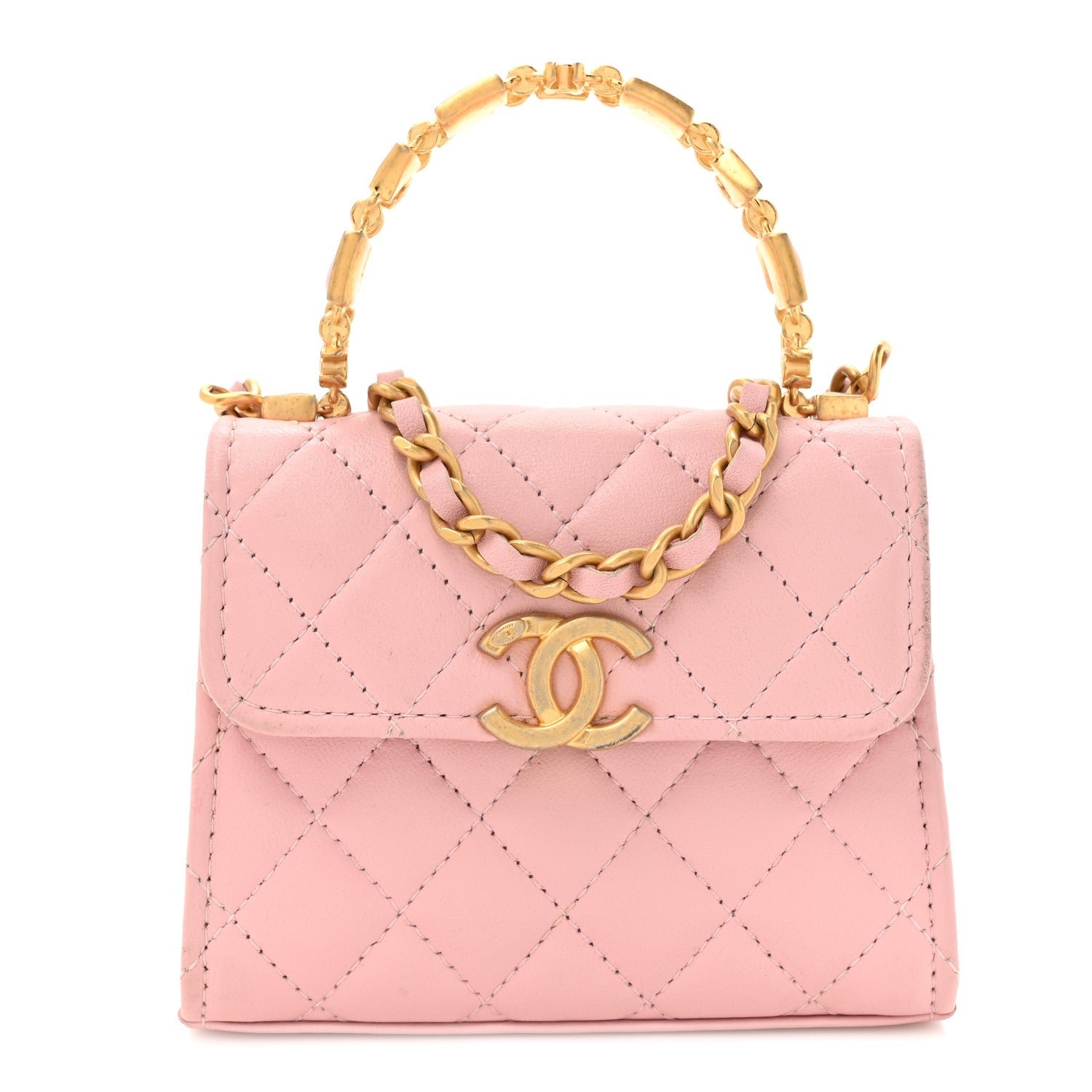 Chanel Lambskin Enamel Quilted Mini Top Handle Flap Pink