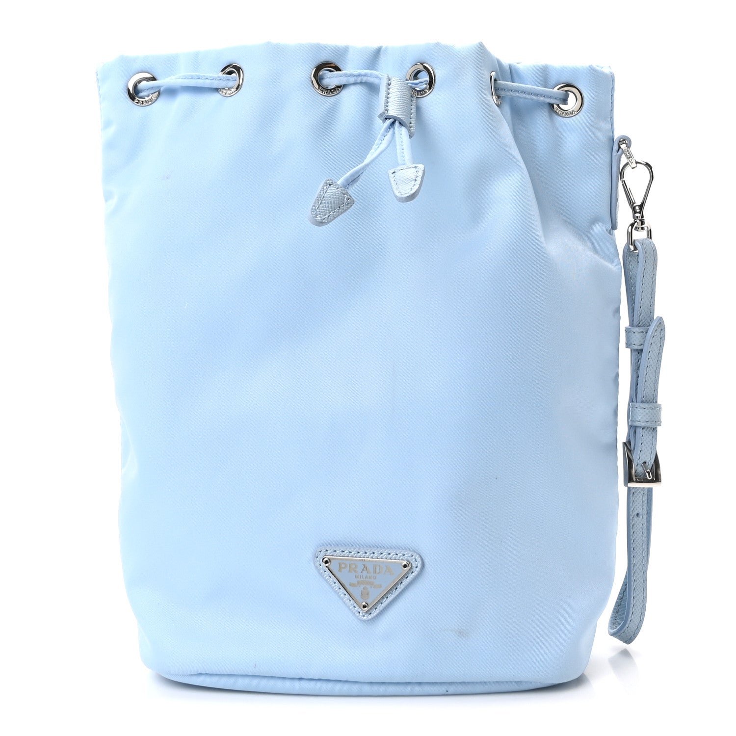 Prada Re-Nylon Saffiano Vela Bucket Wristlet Celeste