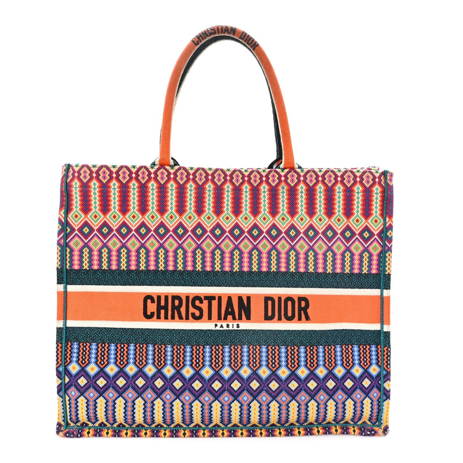 Christian Dior Canvas Embroidered Large Book Tote Orange Multicolor