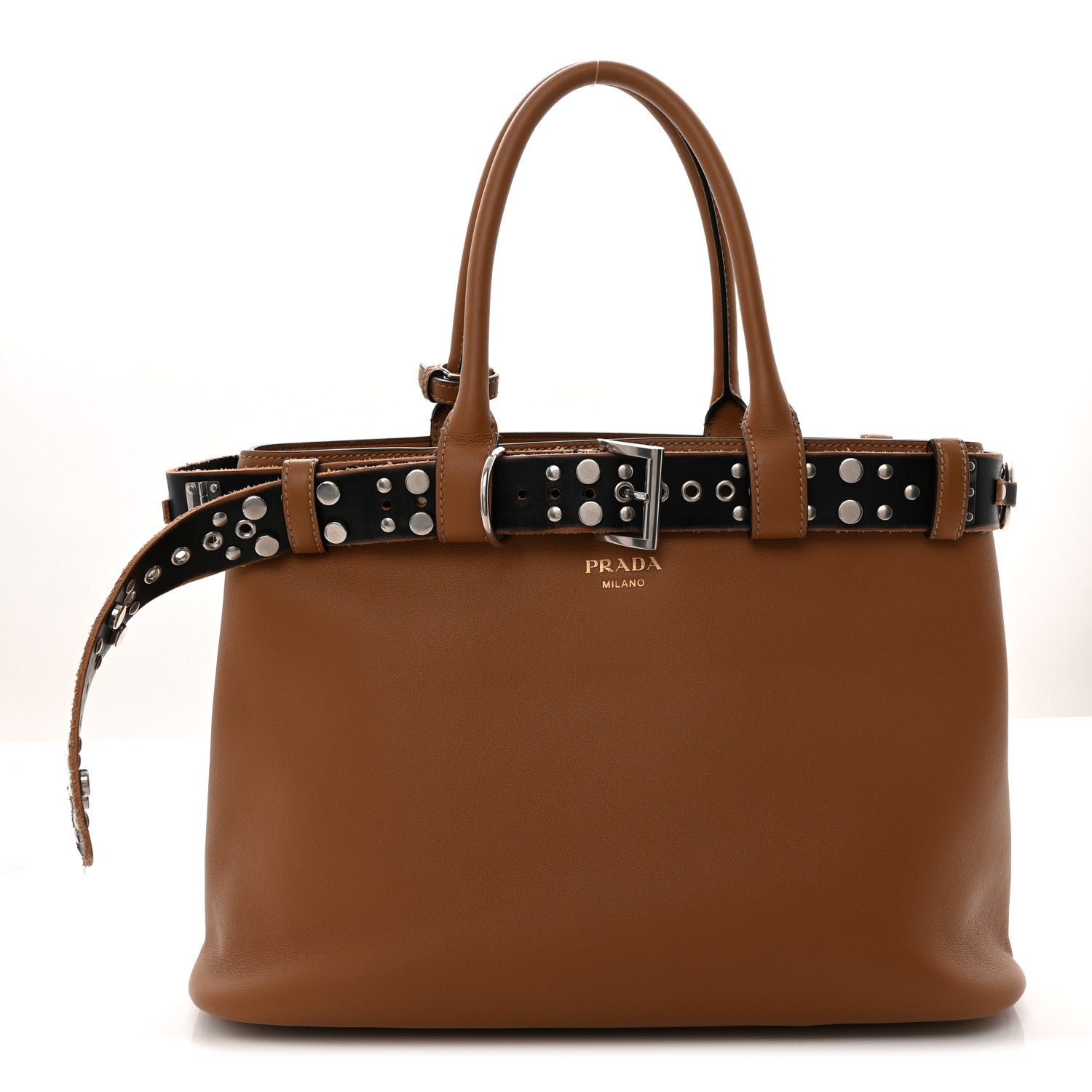 Prada Soft Grain Calfskin Studded Large Buckle Bag With Belt Caramel Black